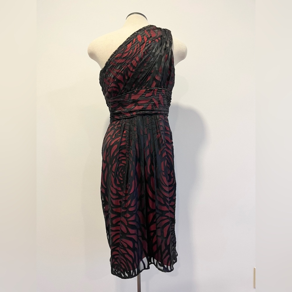 Le Chateau One-Shoulder Black Red Midi Silk Evening Cocktail Prom Formal Dress - Picture 5 of 16